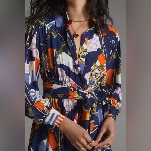 Anthropologie Maeve Mini Belted Button Down Nautical Print Shirtdress - Picture 2 of 8